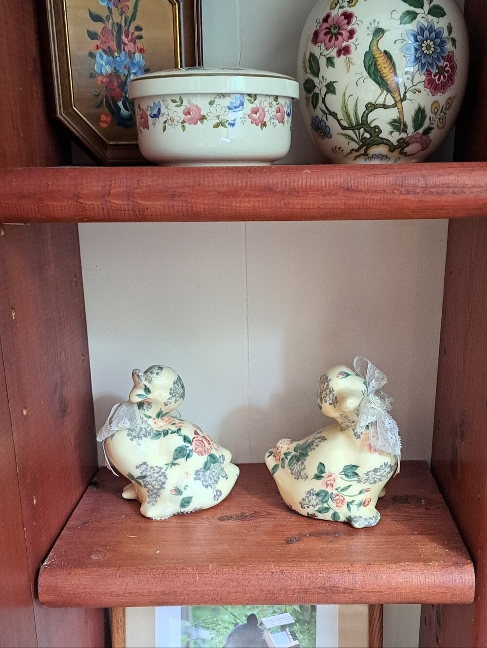 Floral Ceramic Decoupage Duck Pair - Cream with Pink & Green Roses